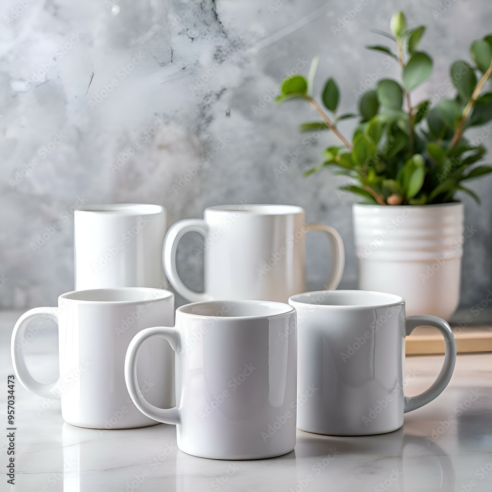 Five pristine white mugs arranged on a marble surface. perfect for showcasing your branding. logo. or design. Five pristine white mugs arranged on a marble surface. perfect for showcasing your branding. logo. or design.
