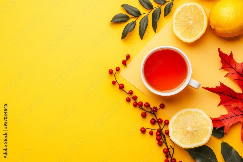 Flat lay composition of autumn colors. Cup of tea and bright leaves on yellow background. Top view. Autumn concept. Flat lay composition of autumn colors. Cup of tea and bright leaves on yellow background. Top view. Autumn concept.