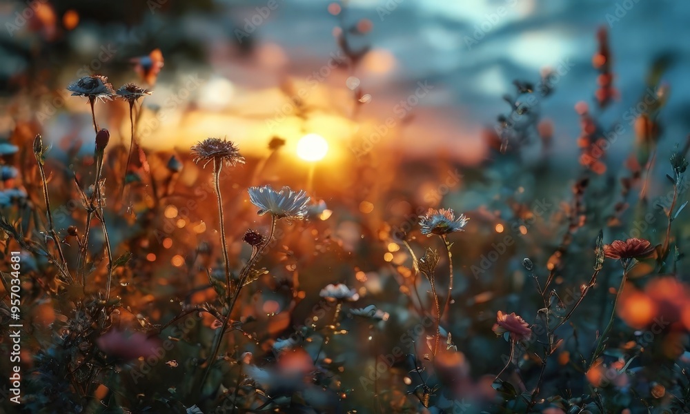 field flowers with the sun setting in background field flowers with the sun setting in background