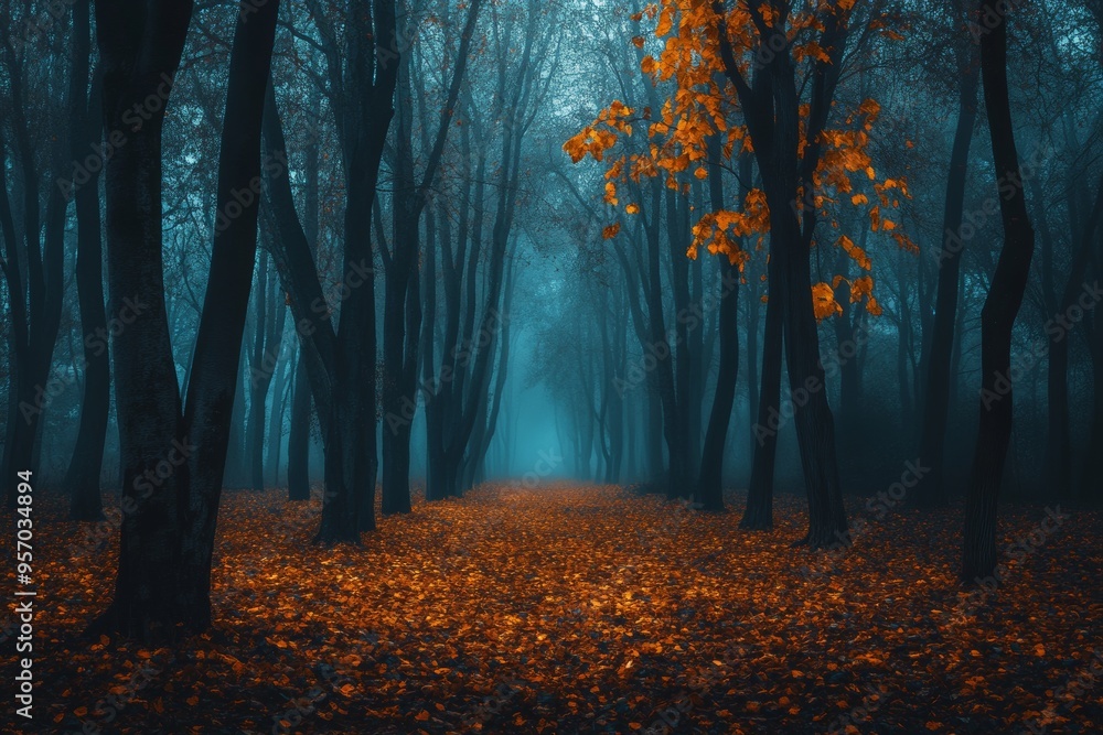 Obraz premium A dark fog-filled autumn forest. A path among the high trees in the fading woodland.
