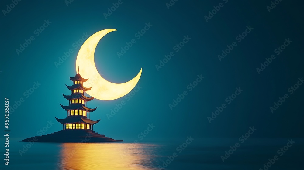 Obraz premium Serene Eastern Nightscape - Detailed 3D Render of Crescent Moon and Pagoda on Blue Background with Soft Lighting, Close-Up Shot