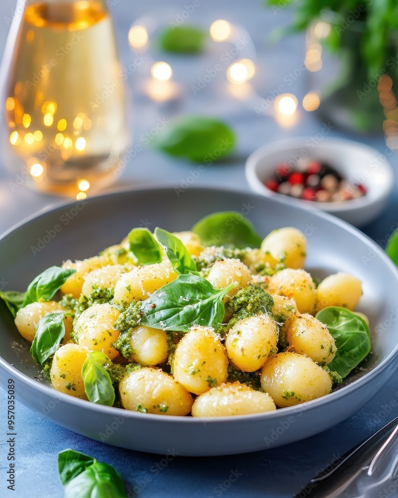 A delicious bowl of gnocchi garnished with fresh basil and cheese, perfect for a cozy dinner setting with soft lighting. A delicious bowl of gnocchi garnished with fresh basil and cheese, perfect for a cozy dinner setting with soft lighting.
