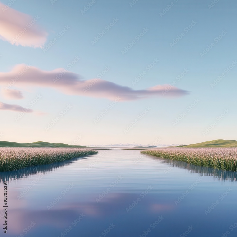 Fototapeta premium Tranquil landscape with a serene lake, surrounded by lush green fields and a clear blue sky.