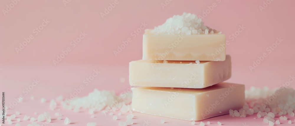 Delicate soap bars arranged in a neat stack on a pink background, garnished with sea salt. Delicate soap bars arranged in a neat stack on a pink background, garnished with sea salt.