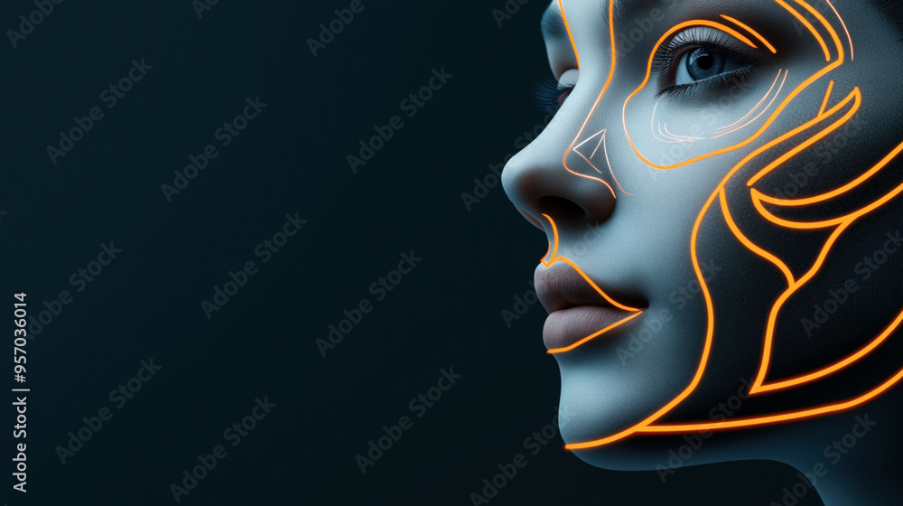 Close-up of a digitally rendered human face with glowing orange lines highlighting facial features against a dark background. Close-up of a digitally rendered human face with glowing orange lines highlighting facial features against a dark background.