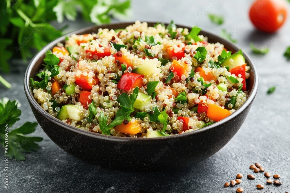 Quinoa Salad with Red and Yellow Bell Peppers, Cucumber, and Parsley