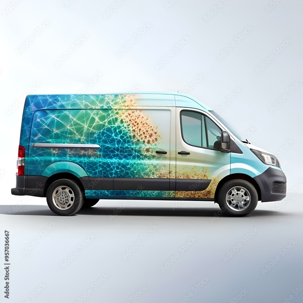 A white van with a vibrant abstract design in shades of turquoise and yellow. A white van with a vibrant abstract design in shades of turquoise and yellow.