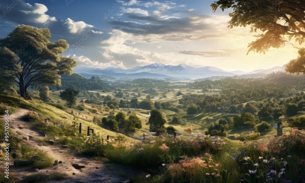 Obraz premium beautiful landscape with path leading to tree