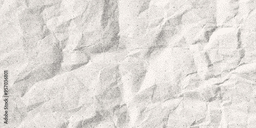 Background with dusty gritty dot effect, texture of crumpled folded paper, grunge overlay. Old dirty notebook sheet, banner template, abrasions.