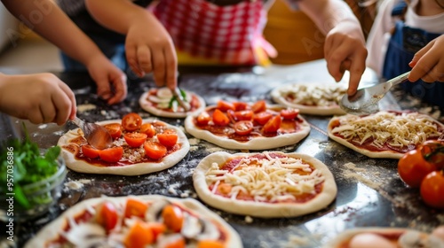 Kids making their own mini pizzas with a variety of toppings
