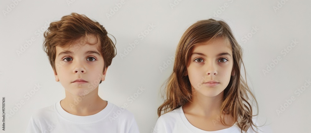 A boy and girl, both with expressive eyes, stand against a plain white background, wearing matching white T-shirts. A boy and girl, both with expressive eyes, stand against a plain white background, wearing matching white T-shirts.