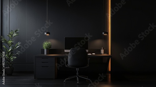 Elegant office design featuring a high-end computer on a dark desk, with warm, soft lighting.