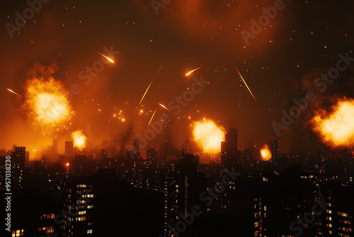 City Under Siege with Explosions and Fire in the Night Sky.