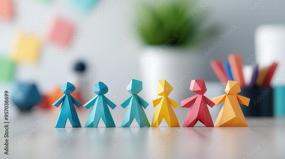A high-resolution photo of A sleek representation of diverse figures within a geometric office space A high-resolution photo of A sleek representation of diverse figures within a geometric office space