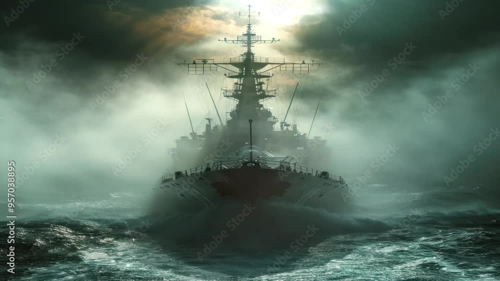 Pirate ship sailing the ocean on patrol trip with foggy wavy background complete with mystical dark horizon sunlight penetrating the sky Pirate ship sailing the ocean on patrol trip with foggy wavy background complete with mystical dark horizon sunlight penetrating the sky