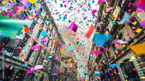 Vibrant Confetti Falling in Air Celebrates Festive Street Parade