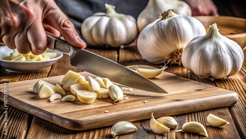 Freshly peeled garlic clove being carefully sliced into thin layers on a wooden cutting board, with a sharp chef's knife and scattered garlic pieces nearby. photo