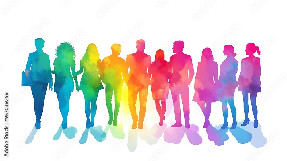 Obraz premium Collaborative professional diversity - Colorful outlines of people working together on a project against white background showing cooperation and teamwork