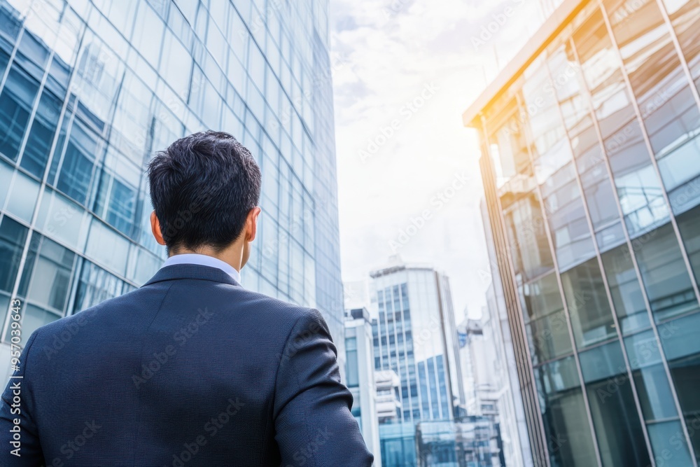 Back of businessman in suit with modern buildings. ?Background for economic market stock investment and financial. Back of businessman in suit with modern buildings. ?Background for economic market stock investment and financial.