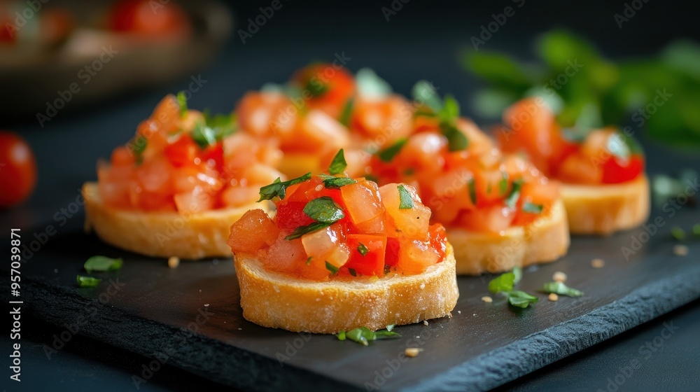 Delicious bruschetta topped with fresh tomatoes, herbs, and a hint of garlic, perfect for appetizers or a light snack. Delicious bruschetta topped with fresh tomatoes, herbs, and a hint of garlic, perfect for appetizers or a light snack.