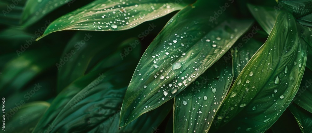 Obraz premium Vibrant green leaves covered with dew droplets, contrasting their smooth surface with the natural freshness of recent rain, delivering a scene of rejuvenation and purity.