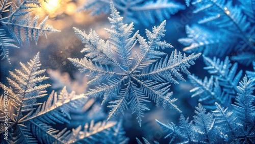 Frozen ice crystals glimmer in the light, showcasing intricate patterns and textures in shades of blue and white, evoking a sense of winter's chill. photo