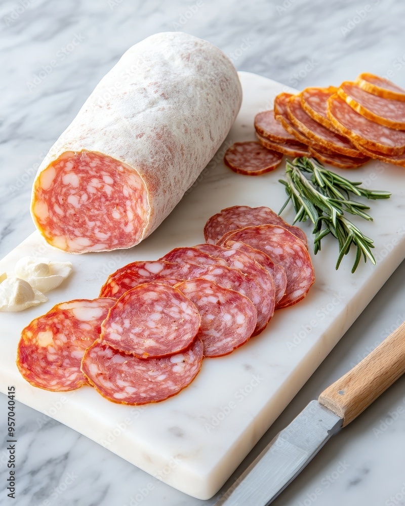 Delicious cured salami with fresh herbs, sliced on a marble board for gourmet presentation. Delicious cured salami with fresh herbs, sliced on a marble board for gourmet presentation.