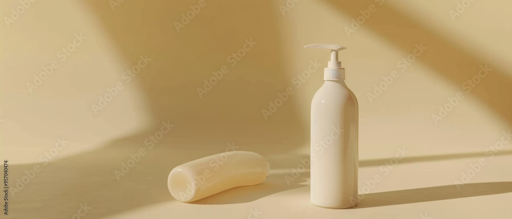 Elegant still life featuring a bright bottle with a pump and a bar of soap, both bathed in soft sunlight and set against a serene, warm yellow background. Elegant still life featuring a bright bottle with a pump and a bar of soap, both bathed in soft sunlight and set against a serene, warm yellow background.