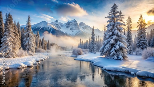 Frozen misty forest landscape with snow-covered evergreen trees, icy river, and frosty mountain range in the background under a serene winter morning sky.