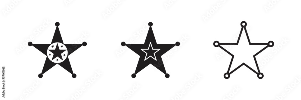 Sheriff badges. Sheriff icon set. Policeman and sheriff badge icon. Retro vintage sheriff star vector. Western cowboy officer 6 point badge symbol. Hexagonal medal. Vector of Security Police symbol Sheriff badges. Sheriff icon set. Policeman and sheriff badge icon. Retro vintage sheriff star vector. Western cowboy officer 6 point badge symbol. Hexagonal medal. Vector of Security Police symbol