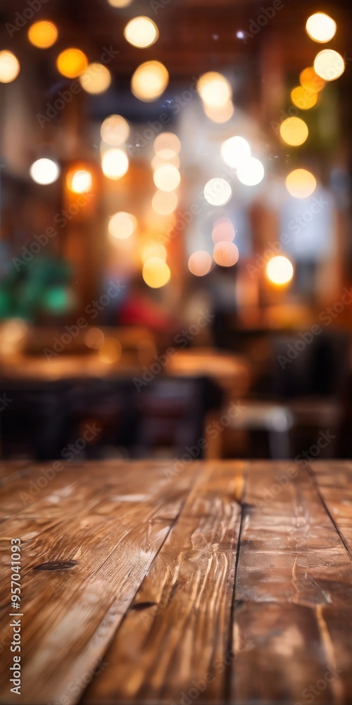 wooden table with blurred lights in the background wooden table with blurred lights in the background