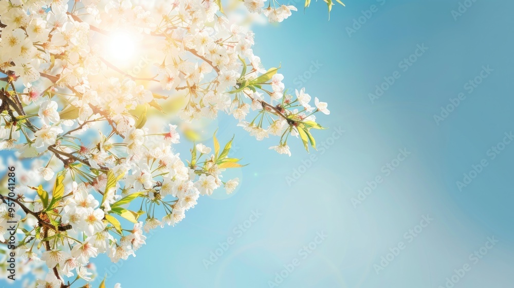 Blossoming Cherry Branches Under Sunny Blue Sky Blossoming Cherry Branches Under Sunny Blue Sky