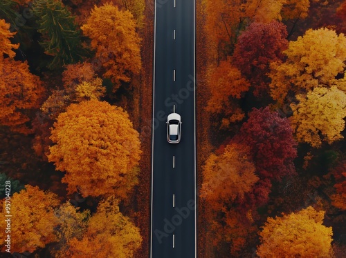 The top view of a car driving in a beautiful autumn forest, captured from a drone.