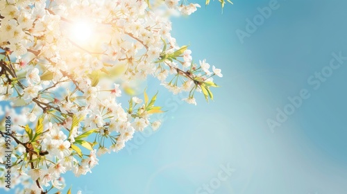 Blossoming Cherry Branches Under Sunny Blue Sky