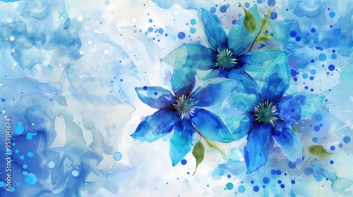 Beautiful Blue Flowers in Watercolor Painting with Abstract Background