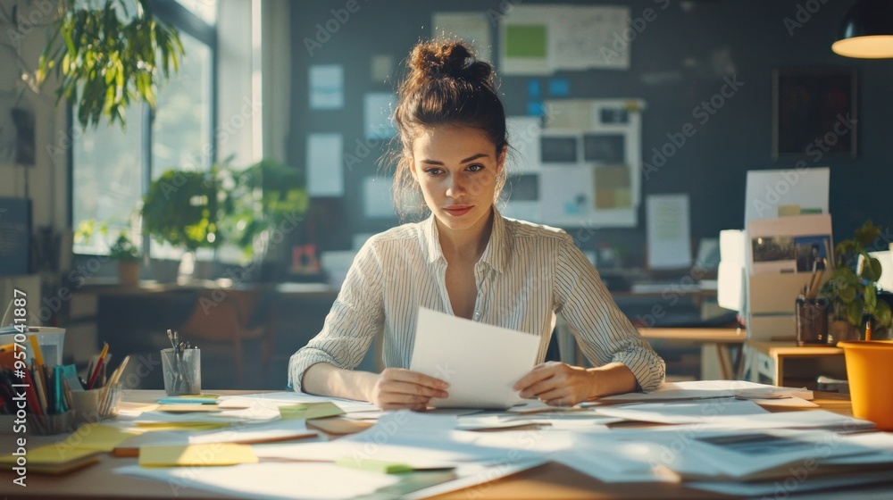 Focused Young Woman Working at Desk in Modern Office Focused Young Woman Working at Desk in Modern Office