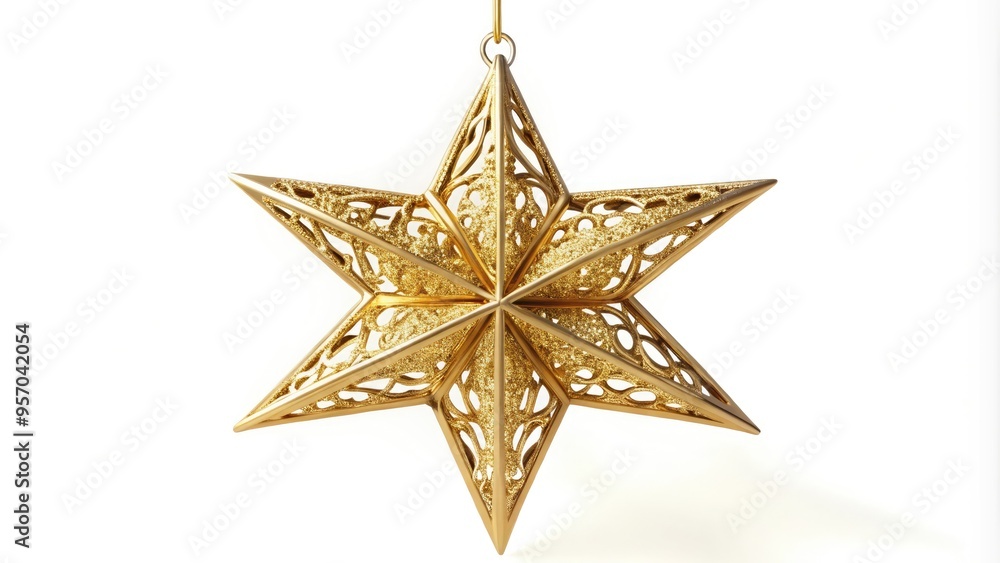 Fototapeta premium Gold metallic decorative star ornament with intricate filigree design and delicate pointed tips, suspended from a transparent thread against a soft white background.