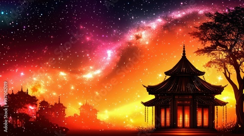 A serene landscape featuring a silhouette of an Asian pagoda against a vibrant cosmic backdrop with swirling colors. photo