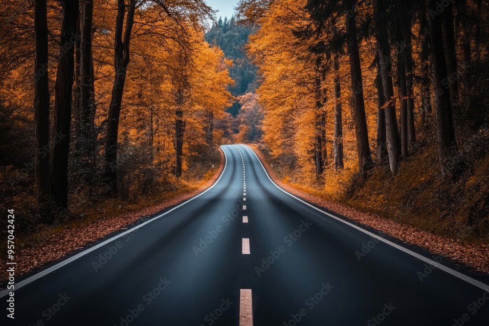 An asphalt road in an autumn forest with fallen leaves. A moody dark brown scene. An asphalt road in an autumn forest with fallen leaves. A moody dark brown scene.