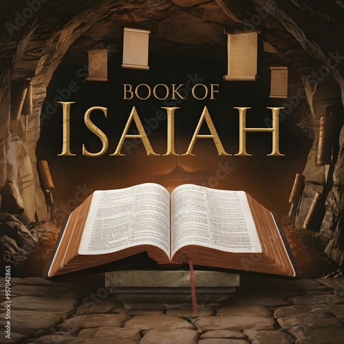 An epic cinematic presentation of an open bible. The book of Isaiah is visible, with the name Isaiah prominently displayed. photo