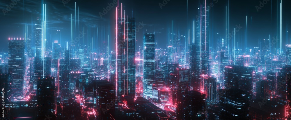 Futuristic cityscape with glowing lines and data points, representing digital innovation in urban design. Skyline view at night, with vibrant colors in a wide-angle shot. Futuristic cityscape with glowing lines and data points, representing digital innovation in urban design. Skyline view at night, with vibrant colors in a wide-angle shot.