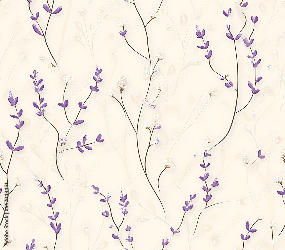 12. Simple, elegant pattern featuring lavender sprigs and small blossoms in soft purples and whites on a light cream background 12. Simple, elegant pattern featuring lavender sprigs and small blossoms in soft purples and whites on a light cream background