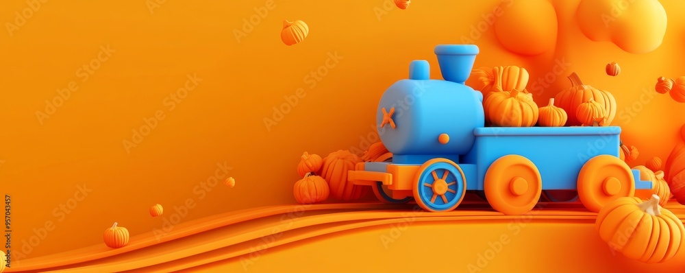 Fall ideas with blue train and wagons filled with pumpkins on orange background. Creative minimal autumn concept idea. Fall ideas with blue train and wagons filled with pumpkins on orange background. Creative minimal autumn concept idea.