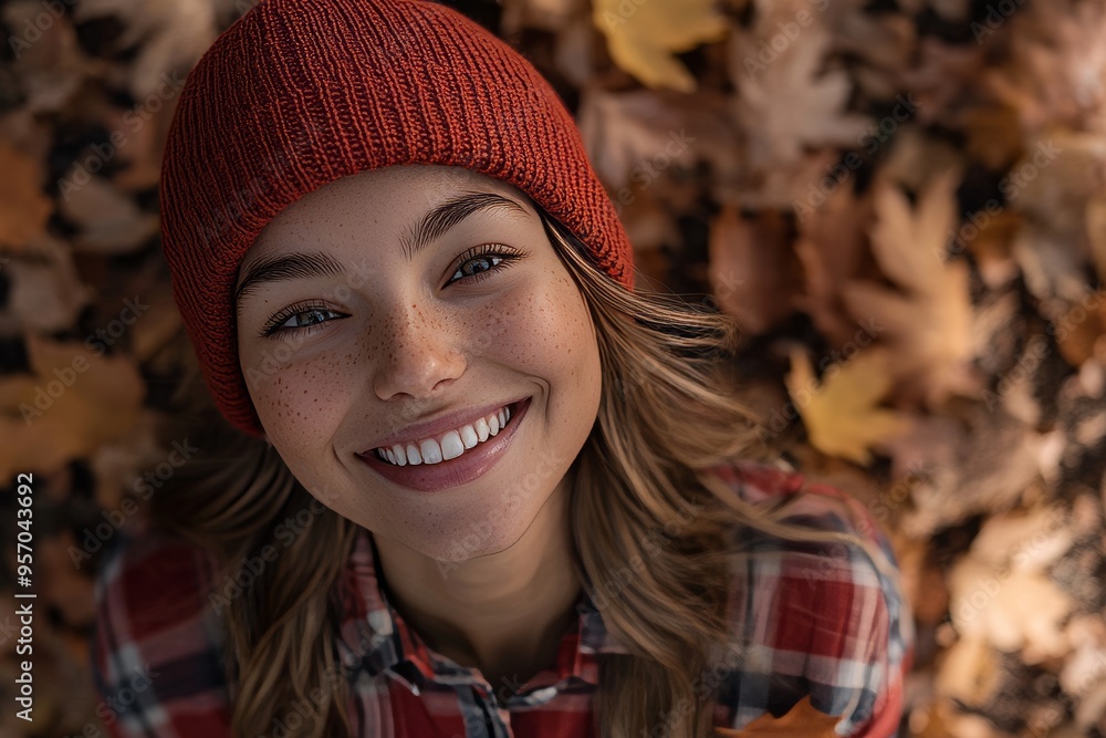 Young girl lying on a bed of dry leaves, laughing Young girl lying on a bed of dry leaves, laughing