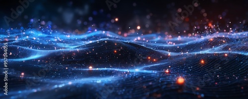 abstract background with blue waves and glowing lights