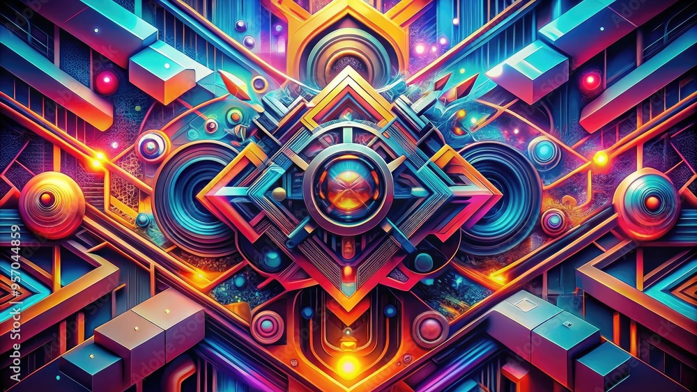 Vibrant, abstract digital art piece featuring swirling shapes, geometric patterns, and bold typography, blending modern design elements with futuristic cyberpunk aesthetics. Vibrant, abstract digital art piece featuring swirling shapes, geometric patterns, and bold typography, blending modern design elements with futuristic cyberpunk aesthetics.