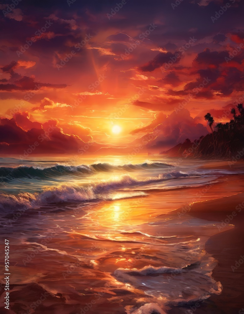 sunset on the beach with waves and clouds sunset on the beach with waves and clouds