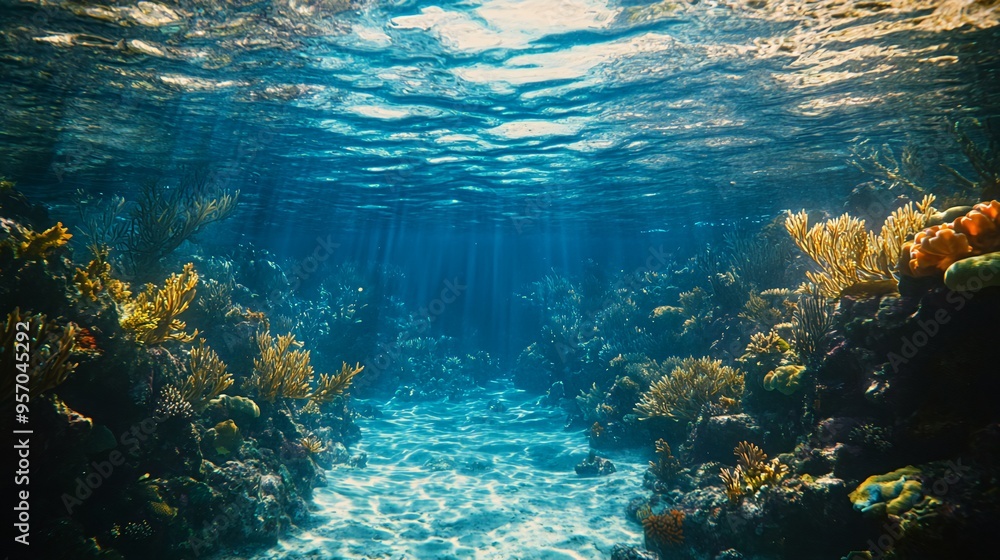 Fototapeta premium Underwater coral reef with sunlight beams shining through the water.
