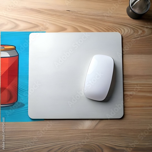 Clean and minimalist workspace featuring a white wireless mouse on a silver mousepad with a can of soda in the background.