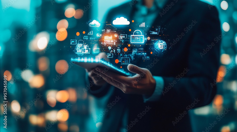 Double exposure Businessman integrates cloud-based platforms for seamless communication with global partners. Double exposure Businessman integrates cloud-based platforms for seamless communication with global partners.